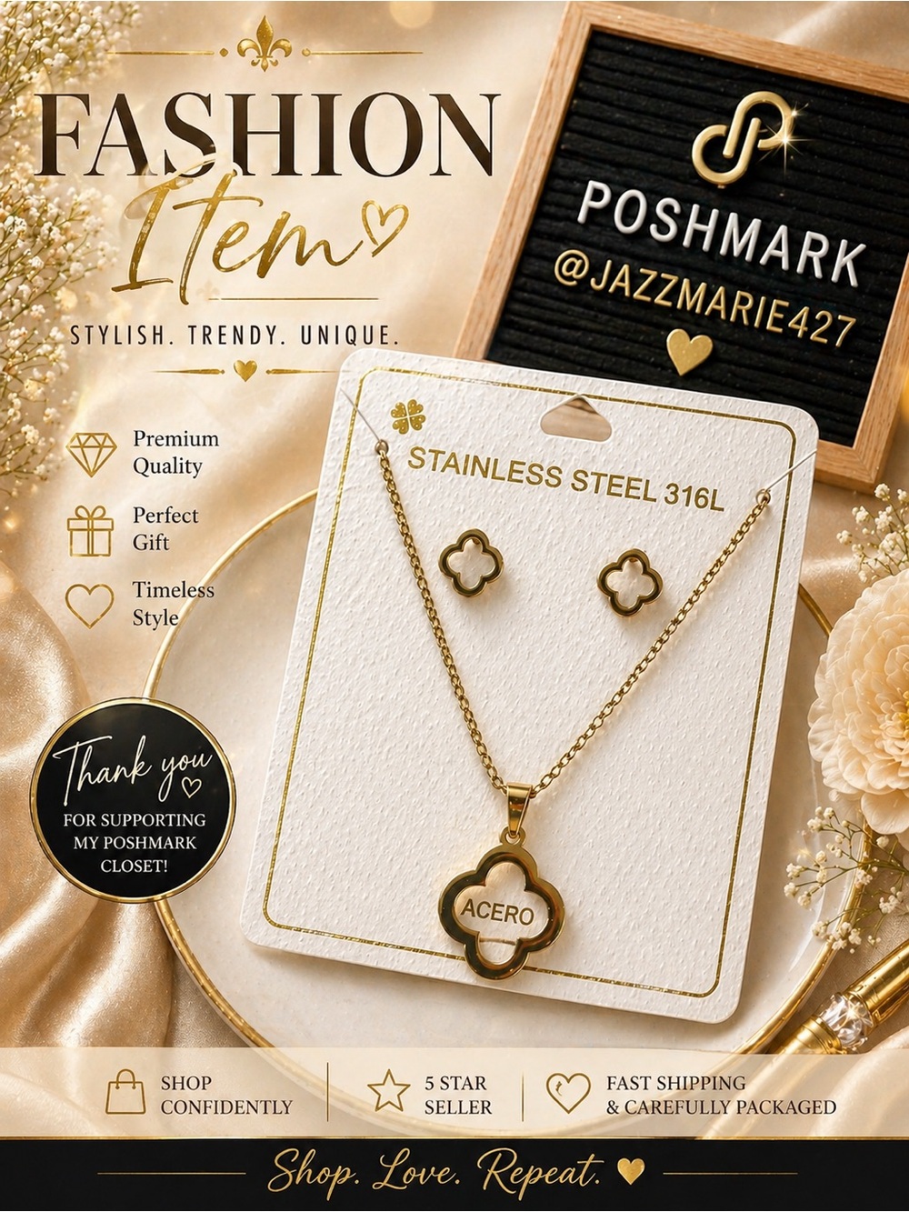 🔥🔥🔥FASHION SET 🔥🔥🔥Stainless Steel Clover Necklace & Earring Set - Gold